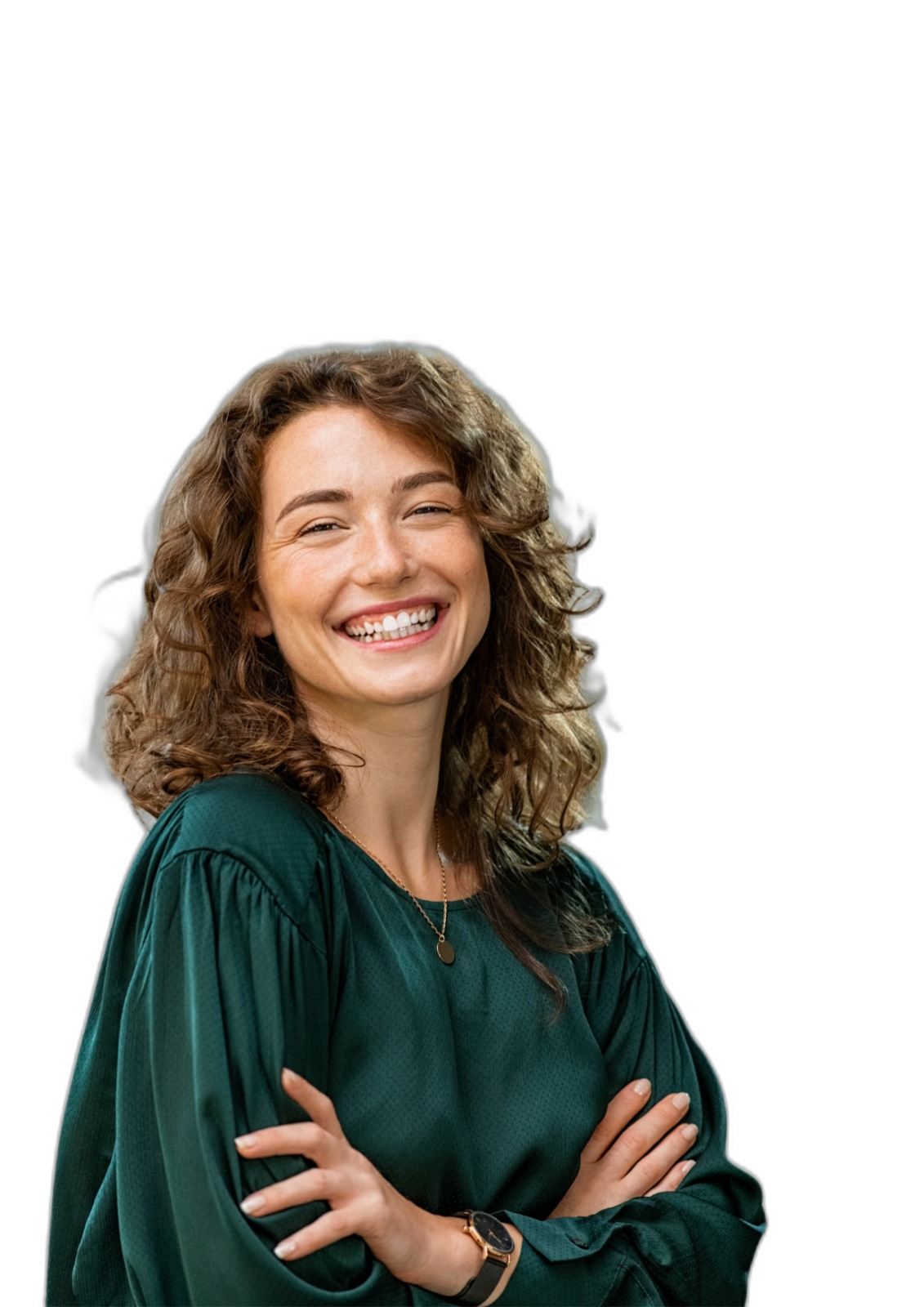 Smiling care professional in a dark green blouse